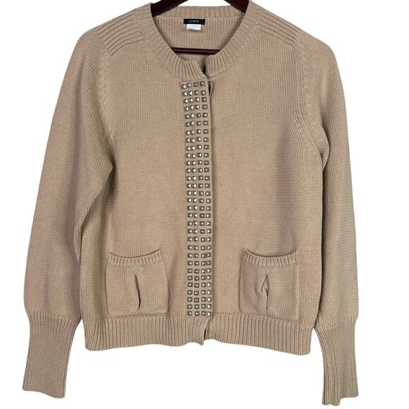 J.Crew Studded Detailing Long Sleeve Cardigan Casual Sweater Pockets L Tan Beige - Picture 15 of 15